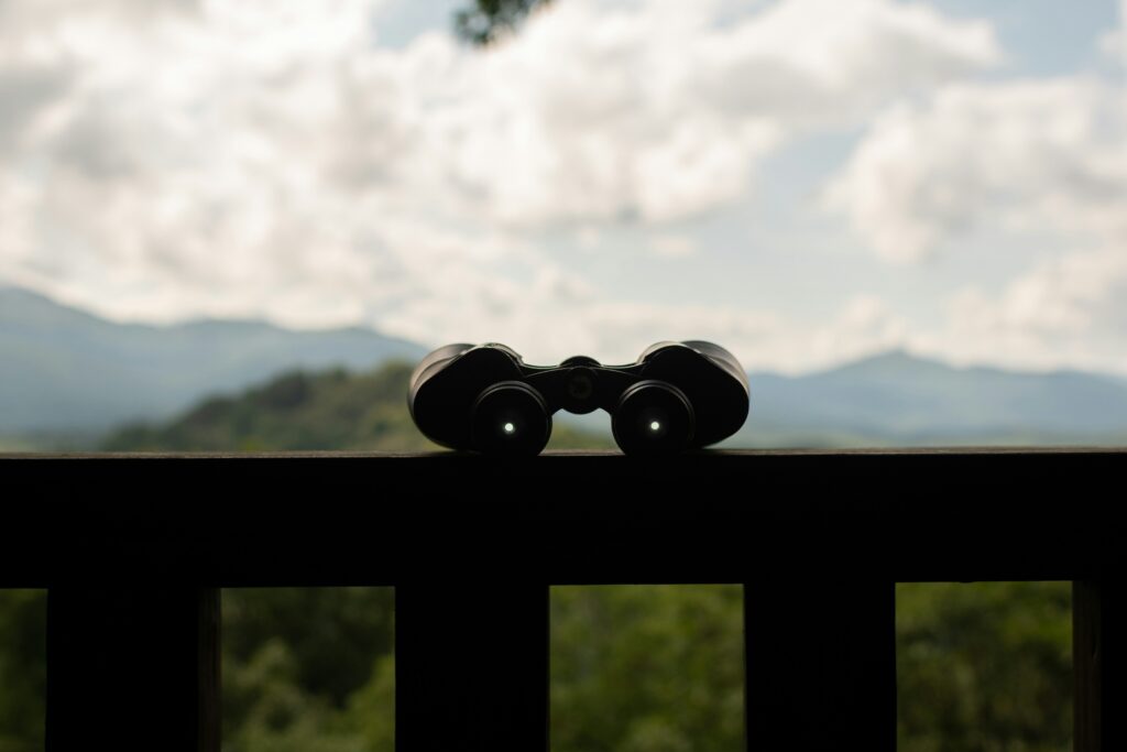 Binoculars resting on a dark railing with a blurred mountain landscape in the distance.
