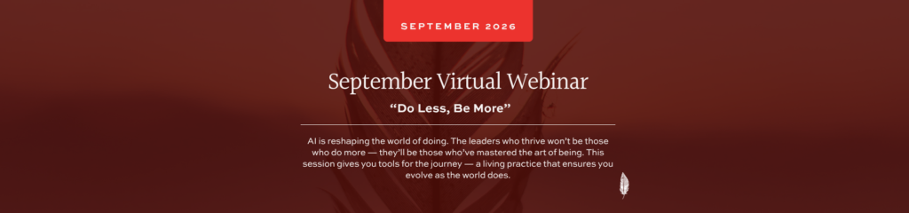 Maroon gradient hero banner with centered 'August Virtual Webinar' title, a red 'August 2026' label above, a white divider line and paragraph text, plus a small white feather icon bottom-right.
