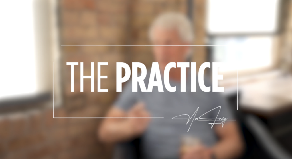 Video thumbnail: two people seated indoors with a bold white 'THE PRACTICE' title over a blurred background.