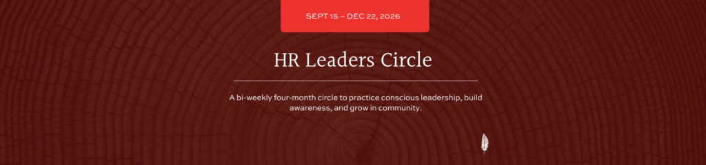 Hero banner for HR Leaders Circle: burgundy wood-texture background, centered title, date badge reading 'Sept 15–Dec 22, 2026', subtitle text, and a small white feather icon bottom right.